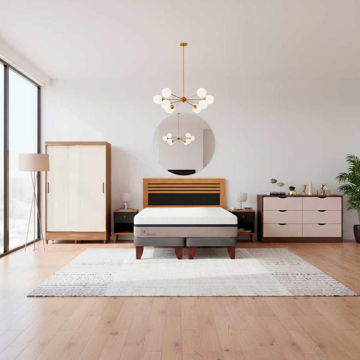 Combo Cama Europea CIC Base Dividida 2 Plazas Balance + Respaldo 2 Plazas + 2 Veladores Casanova + Cl&oacute;set Casanova Fit 2 Puertas + C&oacute;moda Casanova Pisa 6 Cajones