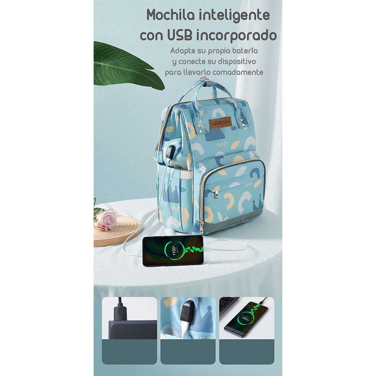 Mochila Maternal Impermeable con Usb Lubabycas Rosada