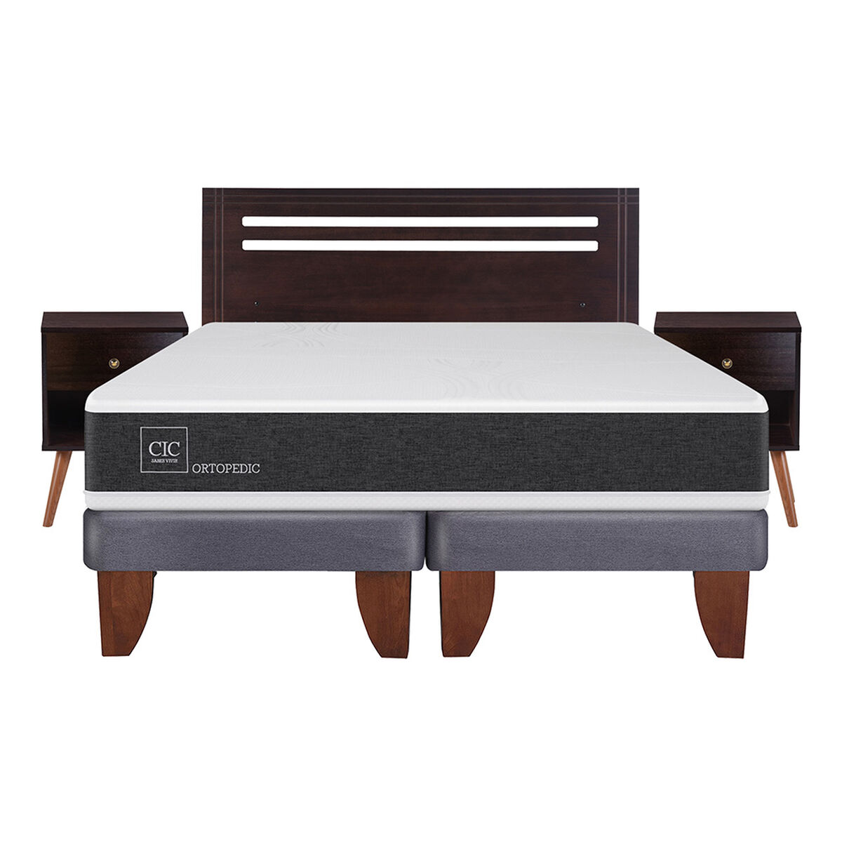 Cama Europea CIC Base Dividida 2 Plazas Ortopedic + Respaldo + 2 Veladores New Munich