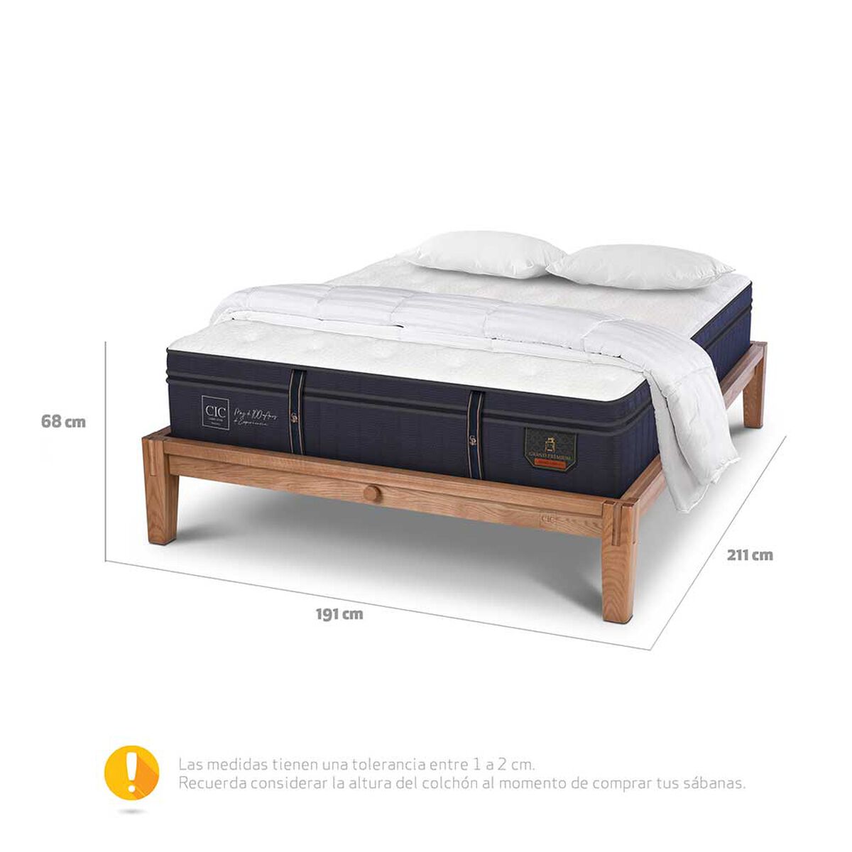 Cama Europea CIC King OAK Grand Premium + 2 Almohadas Viscoel&aacute;sticas + Plum&oacute;n