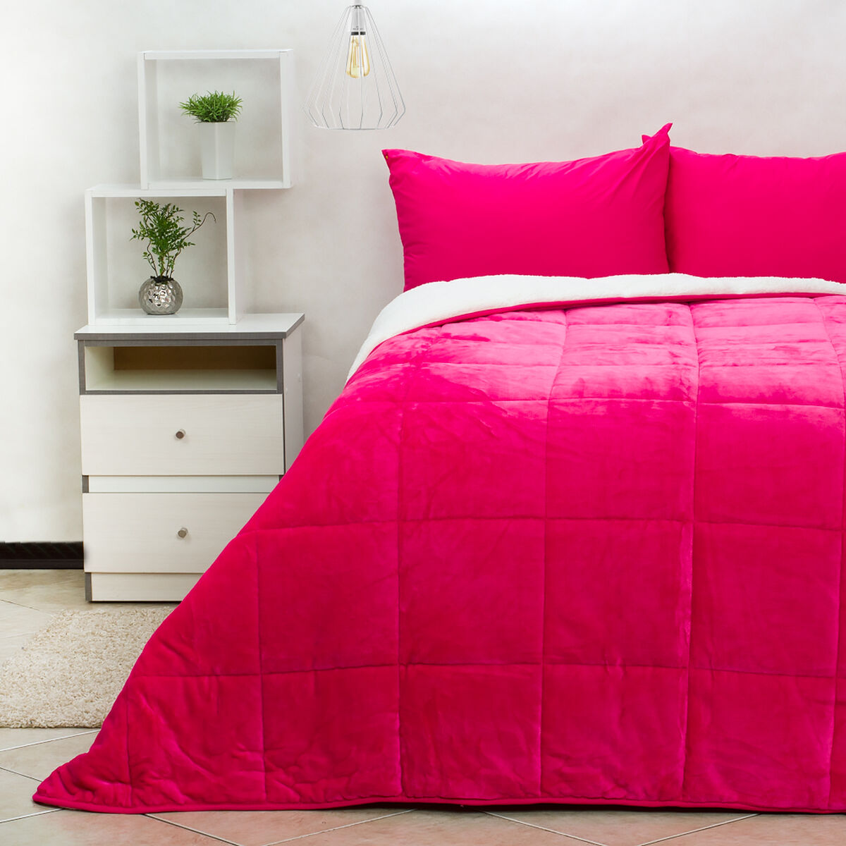 Plumón Flannel Sherpa Fucsia 2 Plazas