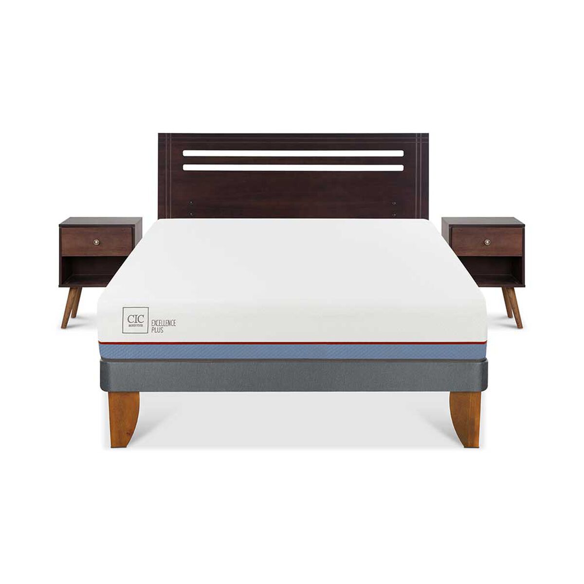 Cama Europea CIC 2 Plazas Excellence Plus New Munich + Respaldo + 2 Veladores New Munich