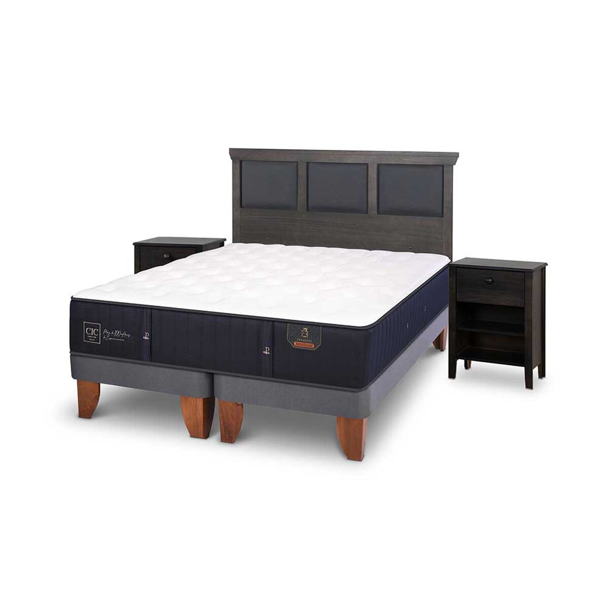 Cama Europea CIC Base Dividida 2 Plazas Premium + Respaldo + 2 Veladores Torino