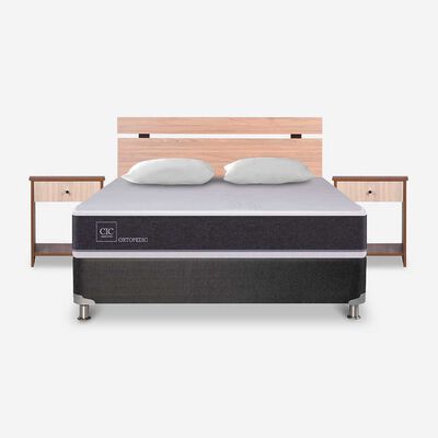 Box Spring CIC 2 Plazas Ortopedic + Respaldo + 2 Veladores Olmo + 2 Almohadas