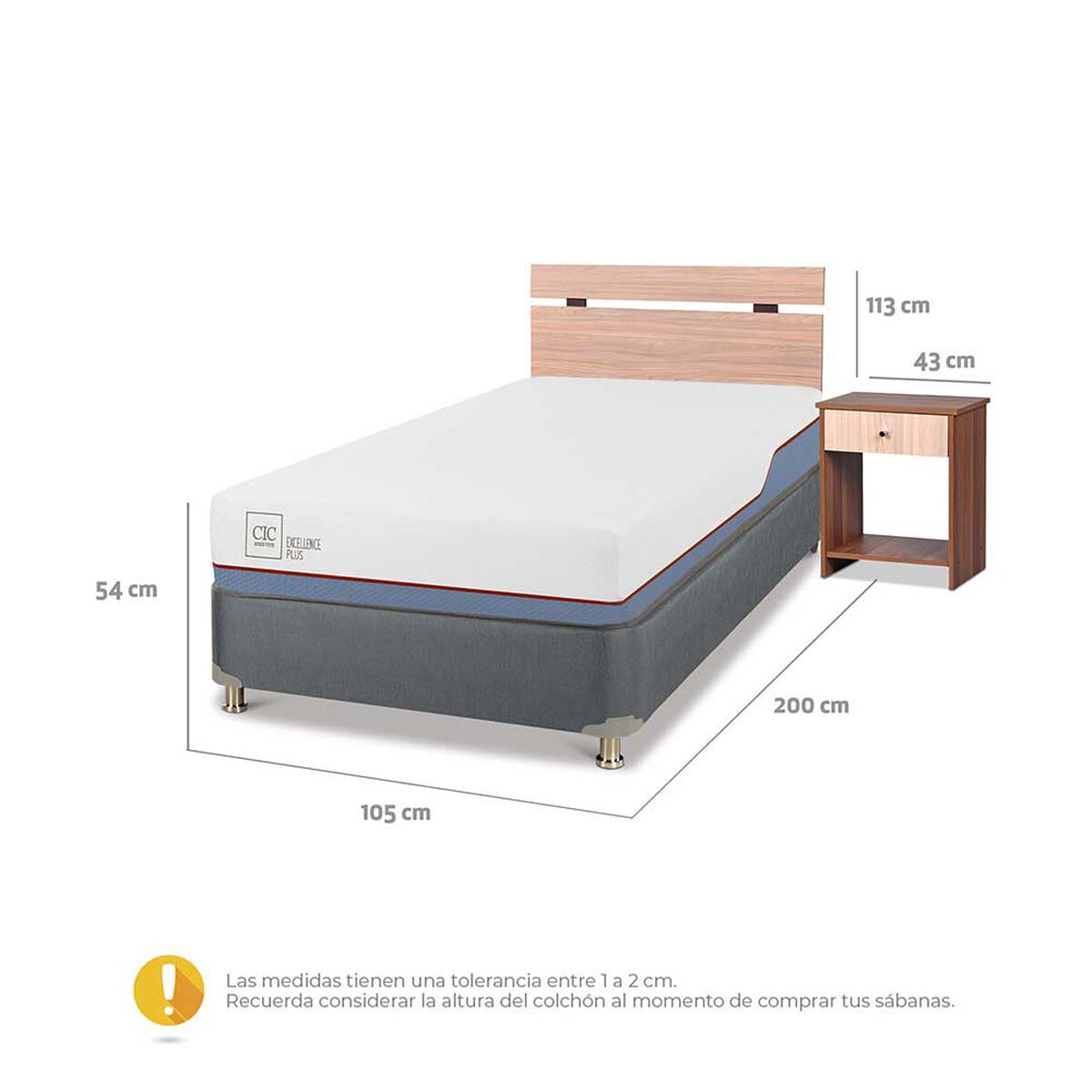 Cama Americana CIC 1,5 Plazas Excellence Plus + Respaldo + Velador