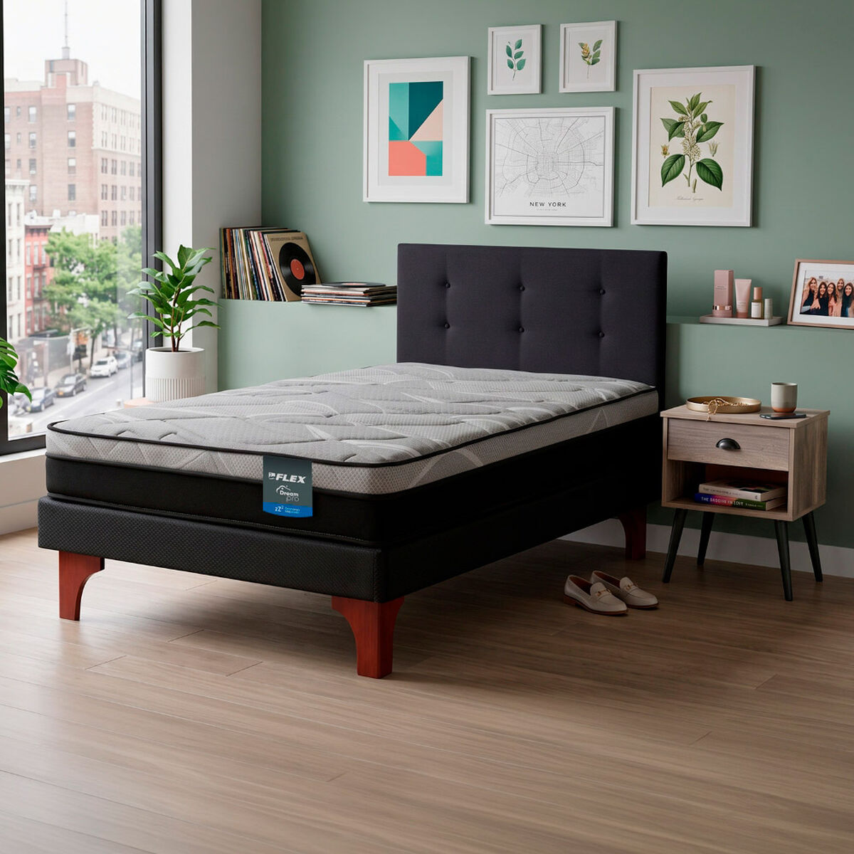 Cama Europea Flex 1,5 Plazas Dream Pro Box + Respaldo Royal Negro + Velador Rock