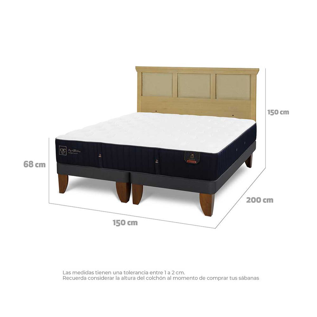 Cama Europea CIC Base Dividida 2 Plazas Premium + Respaldo Torino Mostaza