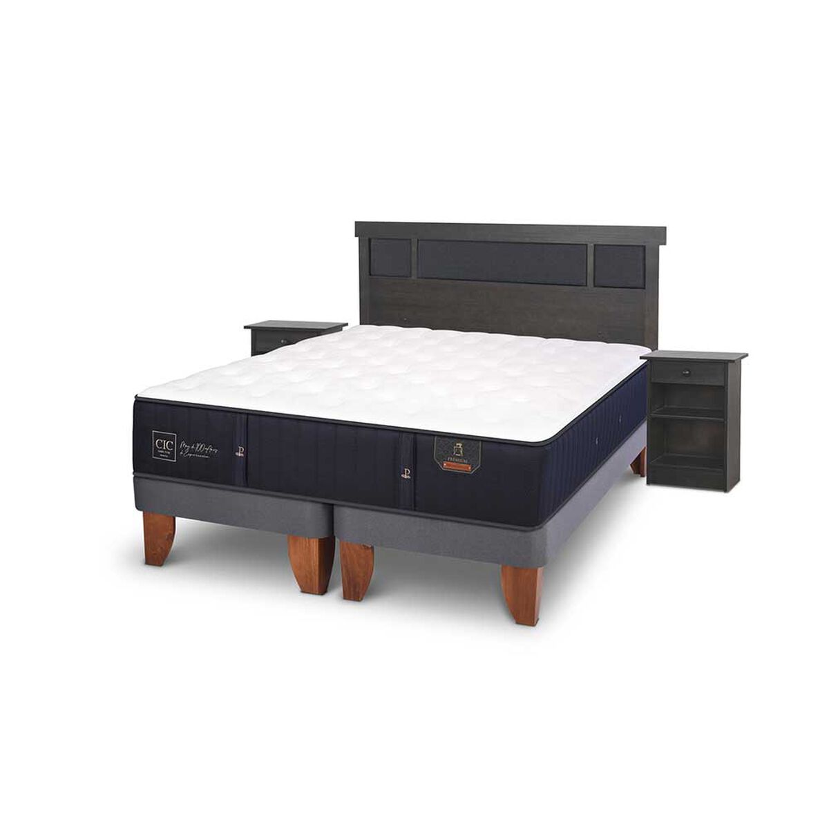 Cama Europea CIC Base Normal King Premium + Respaldo + 2 Veladores Dublin