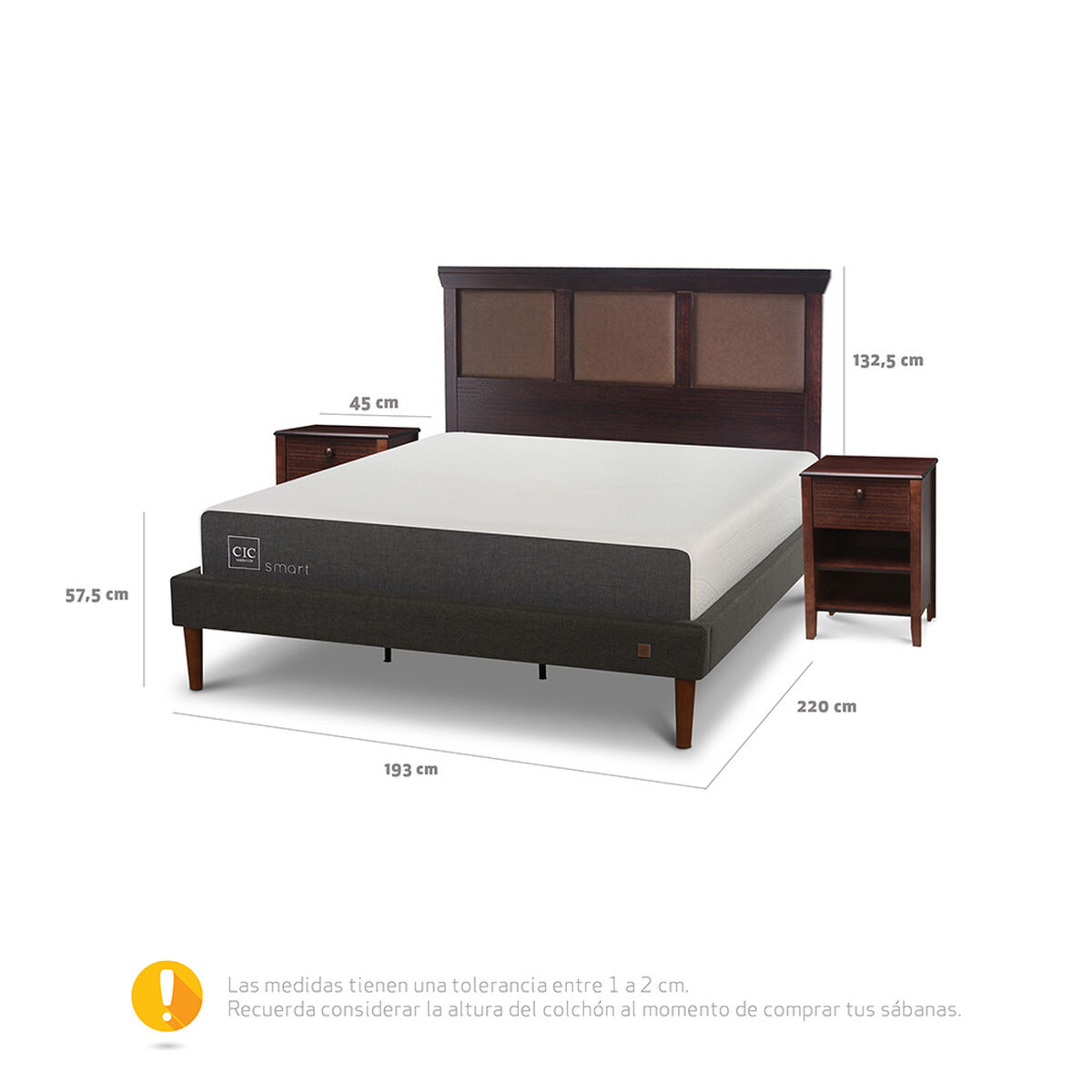 Cama Europea CIC King Smart + Respaldo New Torino Chocolate + 2 Veladores