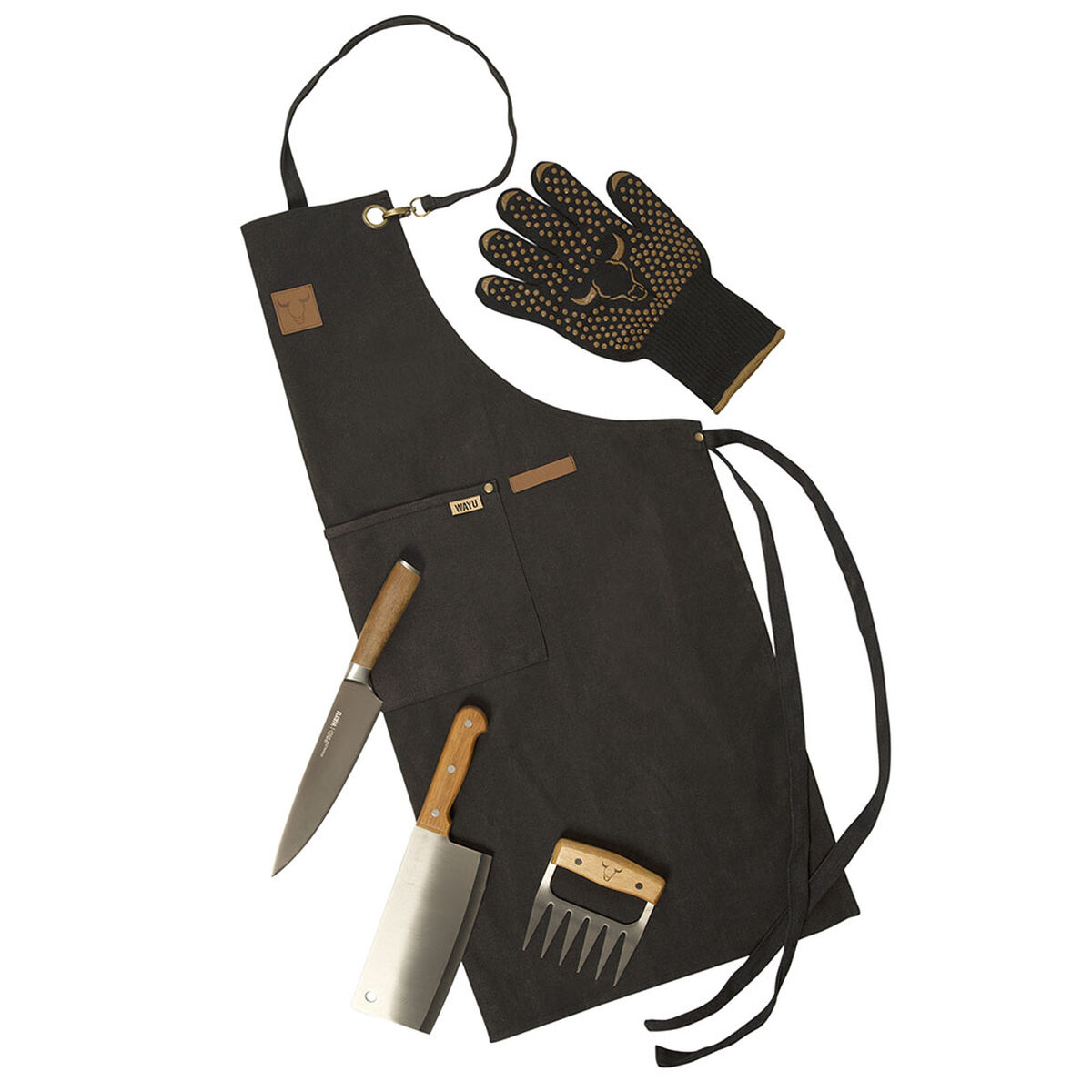 Set Parrillero Wayu Cuchillo Chef + Hacha + Delantal + Guante Pro + Garra De Oso