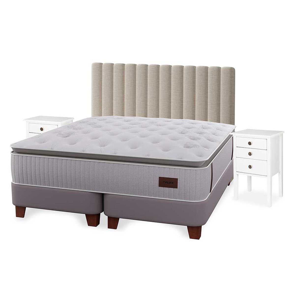 Cama Europea Flex 2 plazas  Heritage + Respaldo Tubular + Veladores Roma