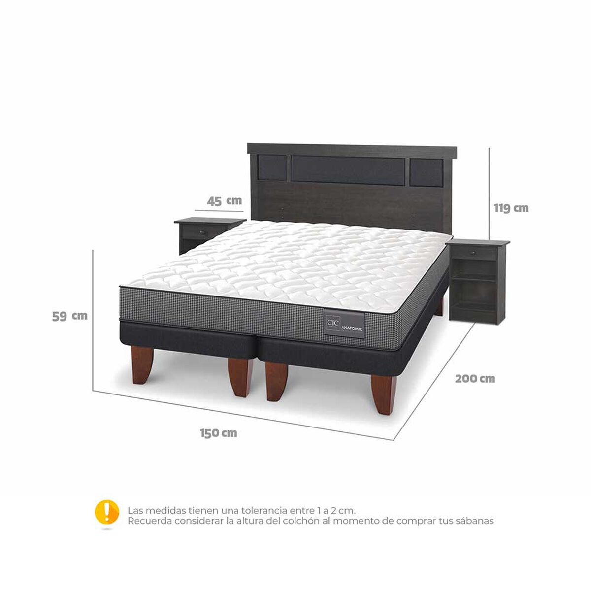 Cama Europea CIC Base Dividida 2 Plazas Anatomic + Respaldo + 2 Veladores Dublin