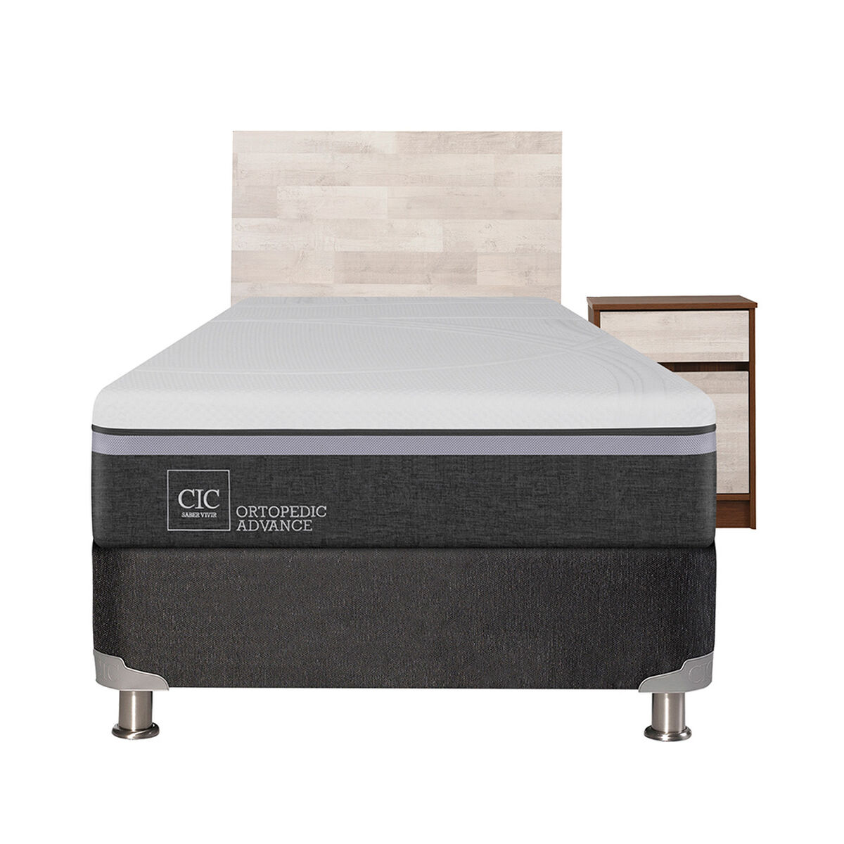 Box Spring CIC 1,5 Plazas Ortopedic Advance + Respaldo + Velador