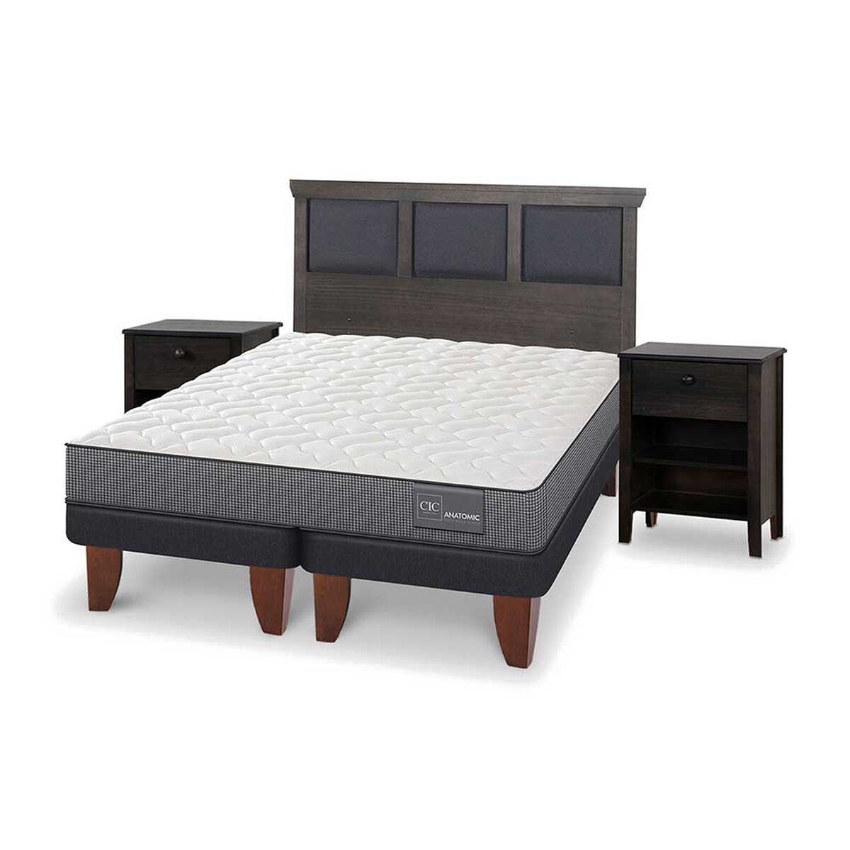 Cama Europea CIC Base Dividida 2 Plazas Anatomic + Respaldo + 2 Veladores Torino