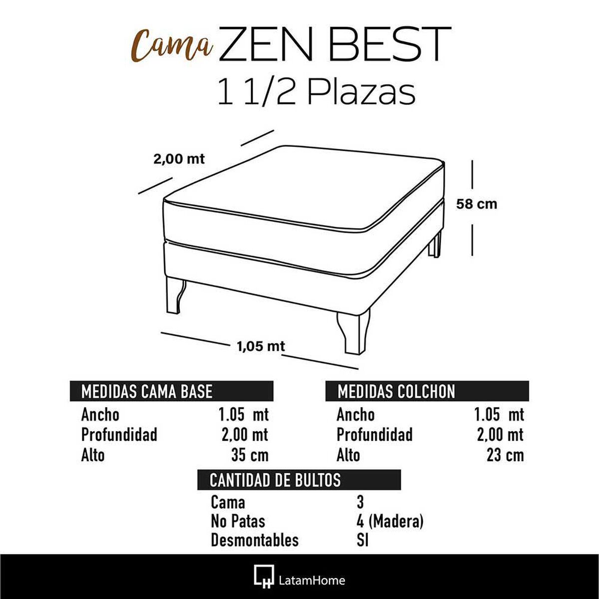 Cama Europea Latam Home 1,5 Plazas Zen Best Azul