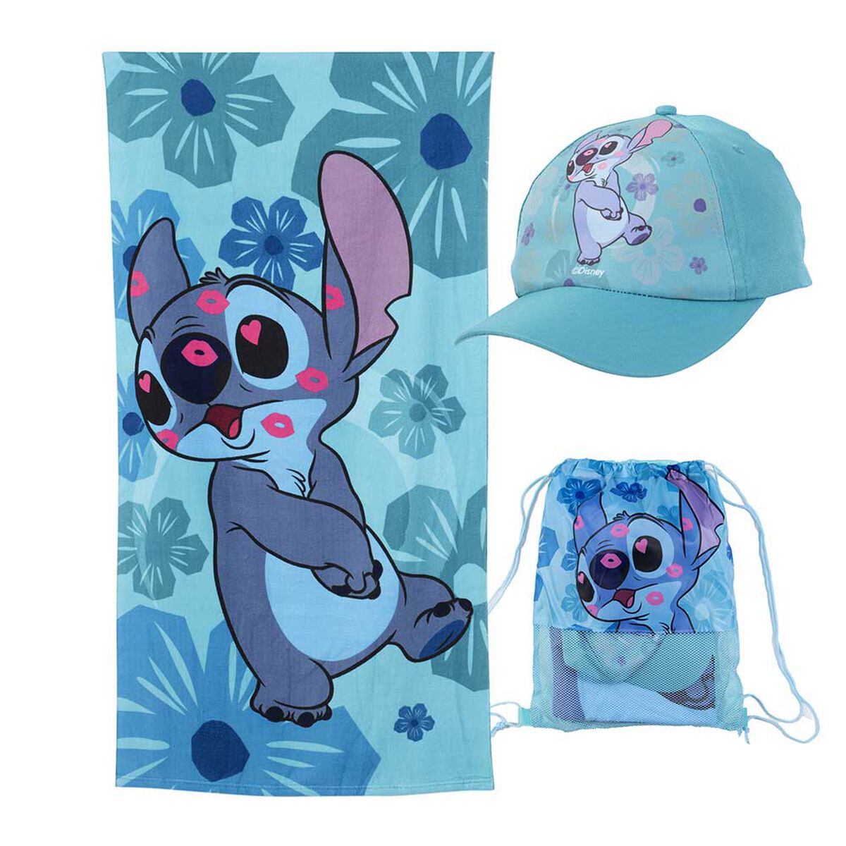 Toalla de Playa + Bolso + Jockey Disney Stitch 140 x 70 cm