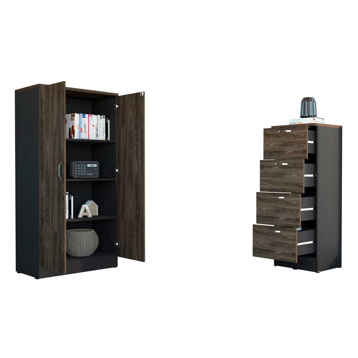 Combo Archivador 4 Cajones + Gabinete 2 Puertas TuHome Home Office Negro Soft-Co&ntilde;ac