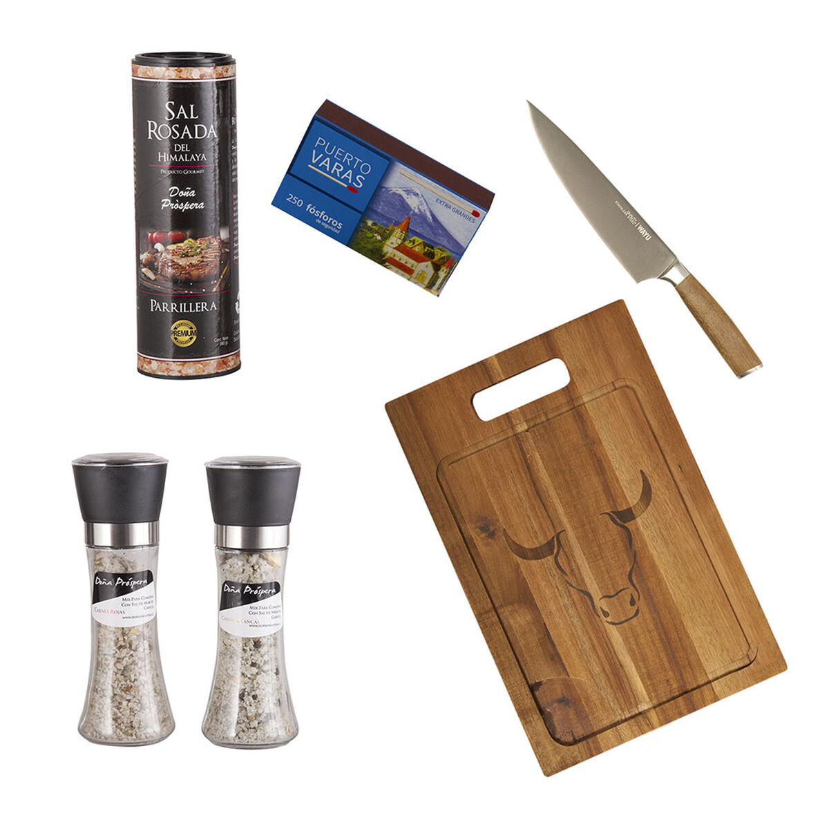 Set Parrillero Wayu Tabla + Cuchillo Chef + Mix de Sales + Caja Fósforos