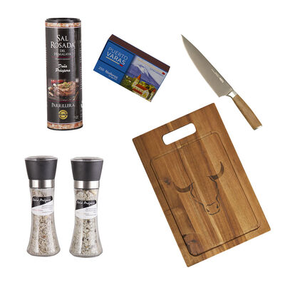 Set Parrillero Wayu Tabla + Cuchillo Chef + Mix de Sales + Caja Fósforos