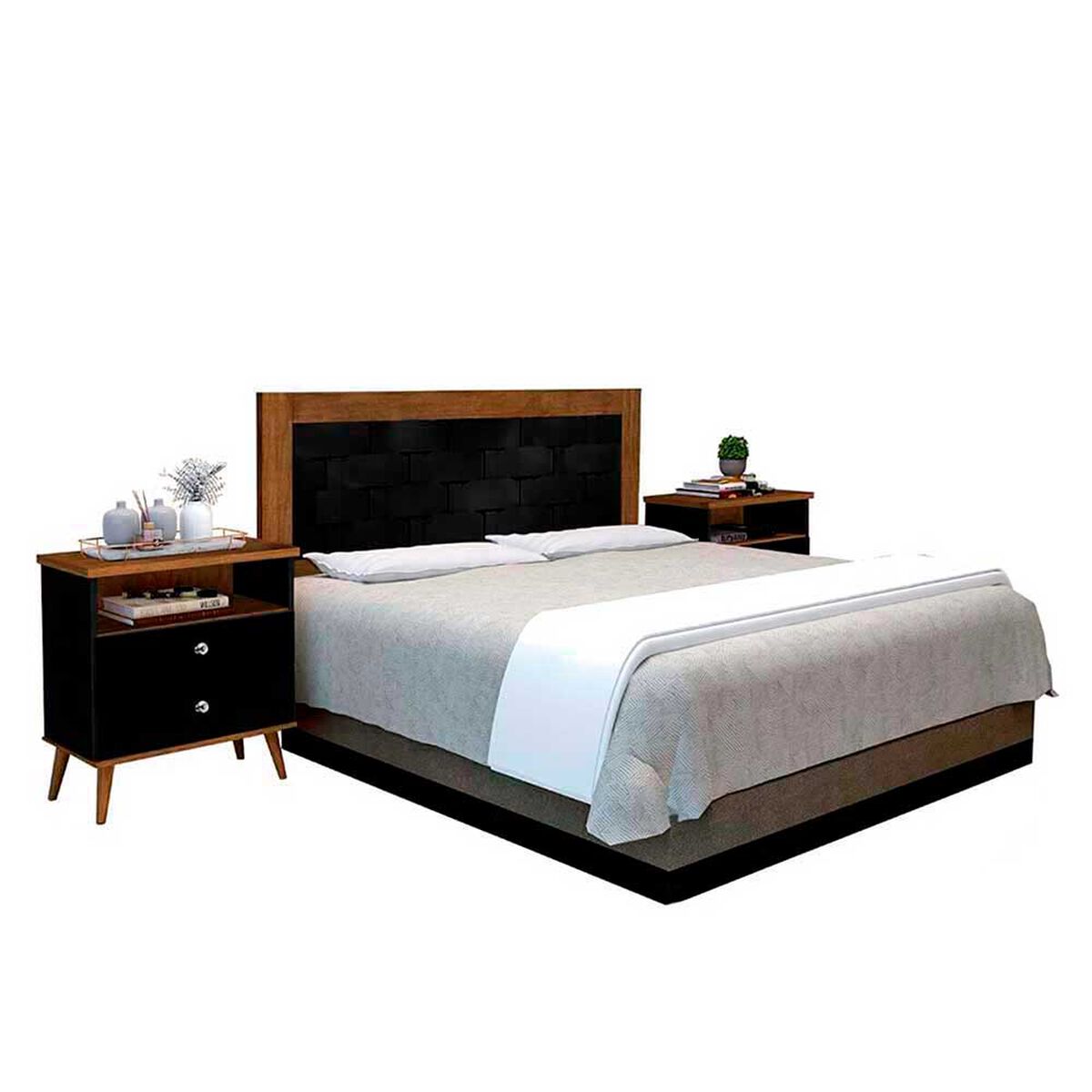 Combo Cama Europea Flex Base Dividida 2 Plazas Dual Sensity + Respaldo + 2 Veladores Dreams Treliza Negro