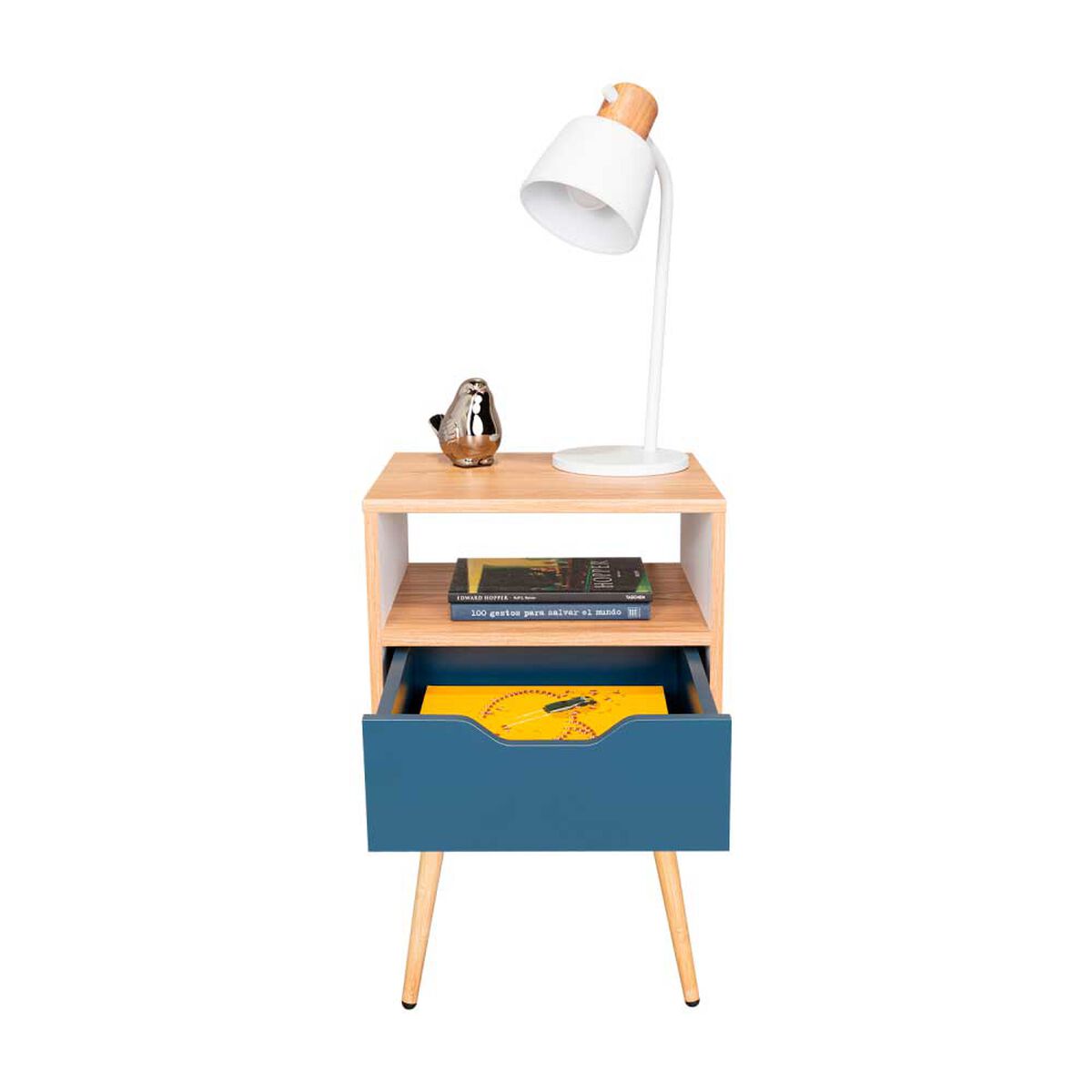 Velador Tuhome Otom 1 Caj&oacute;n Fresno Europeo y Kronos Azul