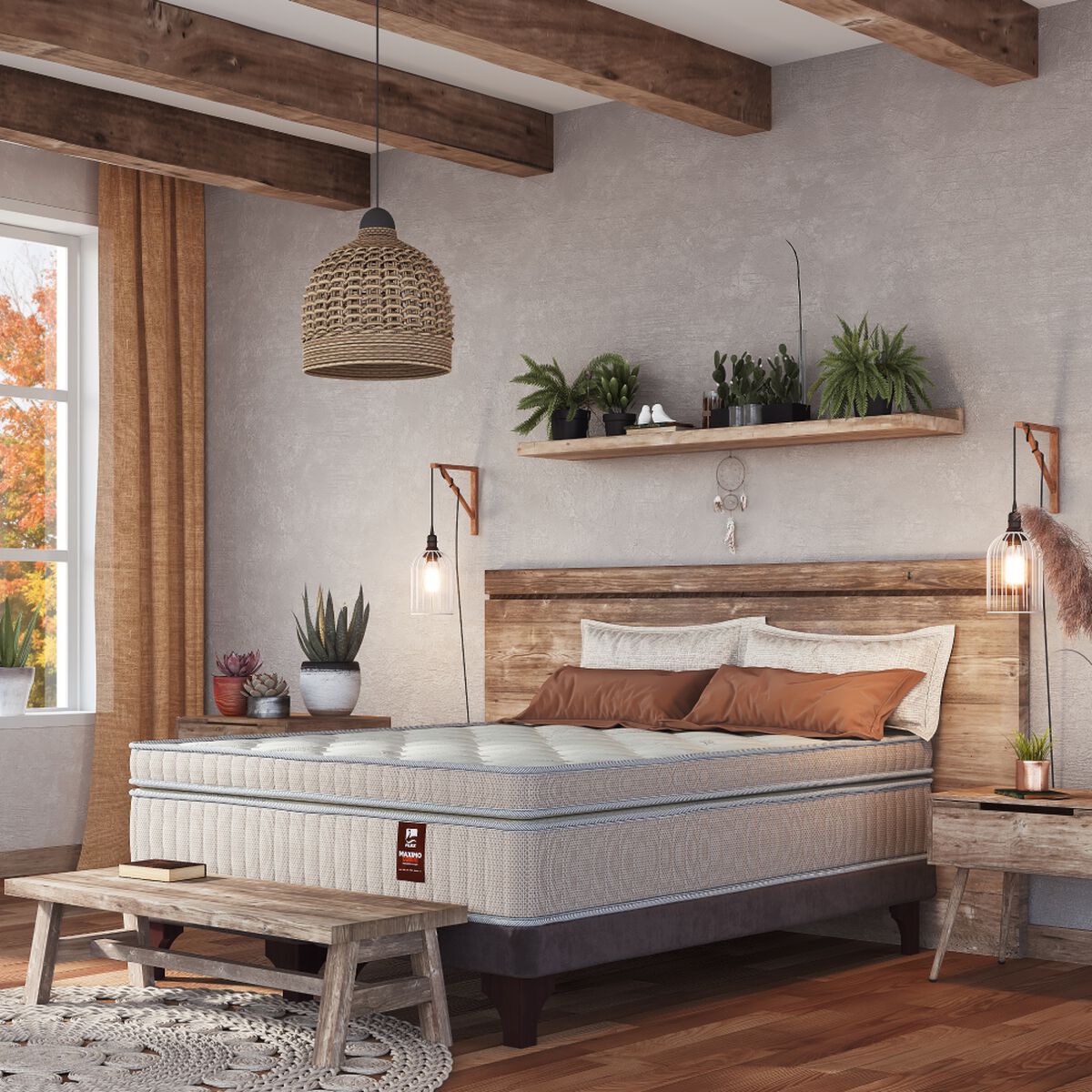 Cama Europea Flex Base Dividida King Máximo Cobre  + Respaldo + 2 Veladores Castell