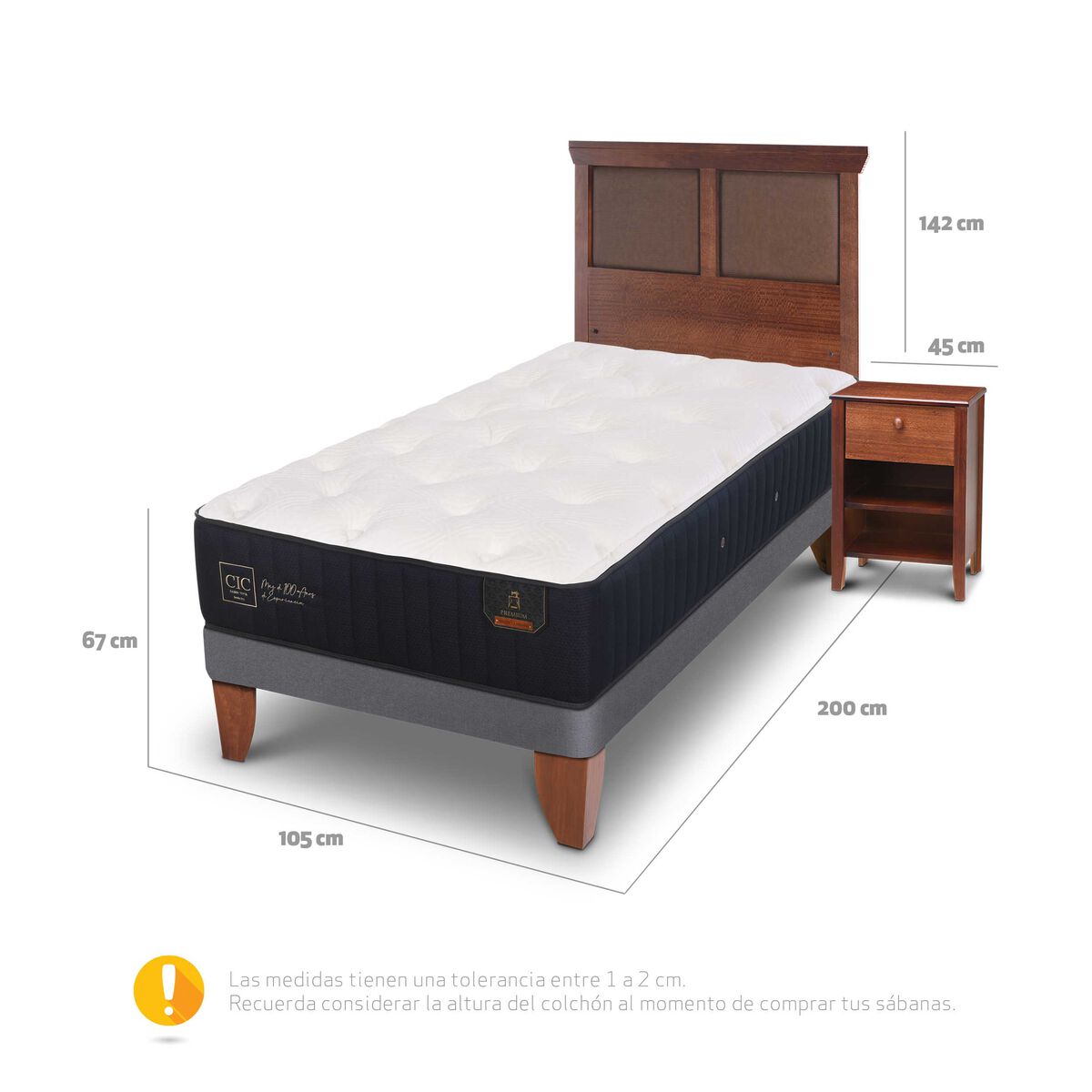 Cama Europea CIC 1,5 Plazas Premium + Respaldo + Velador