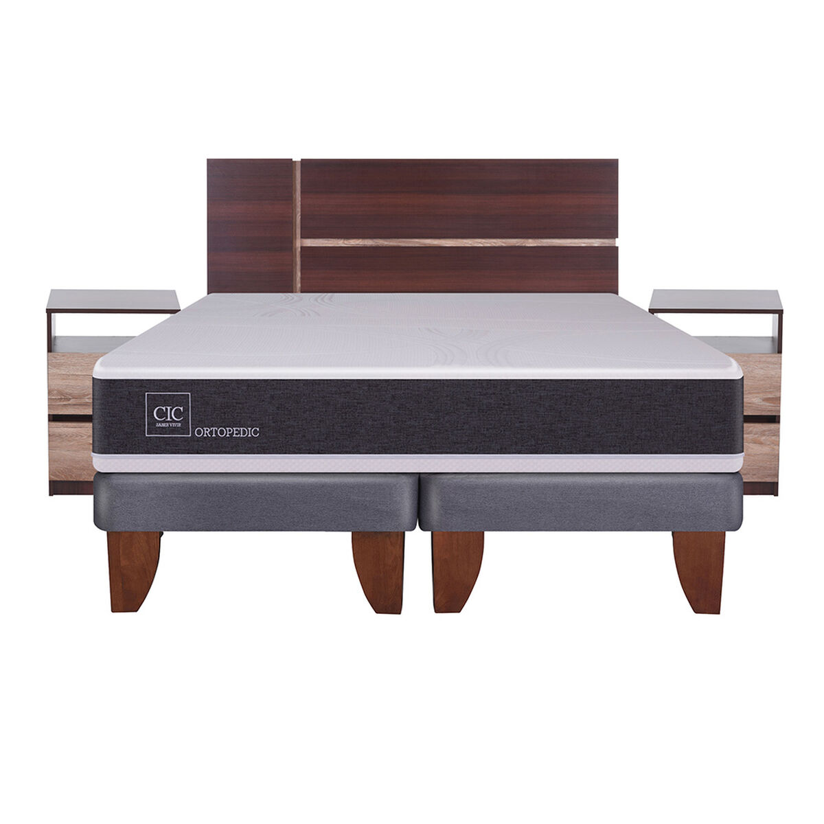 Cama Europea CIC Base Dividida 2 Plazas Ortopedic + Respaldo + 2 Veladores
