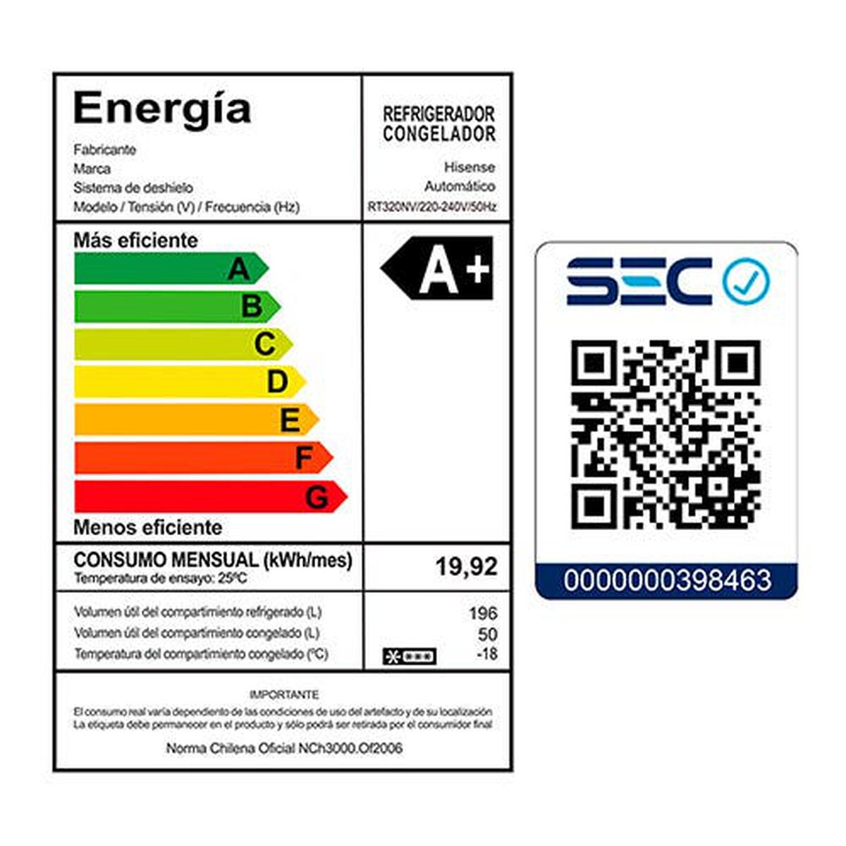 Hisense Refrigerador No Frost 246 lts RT320NV 167,6x55CM