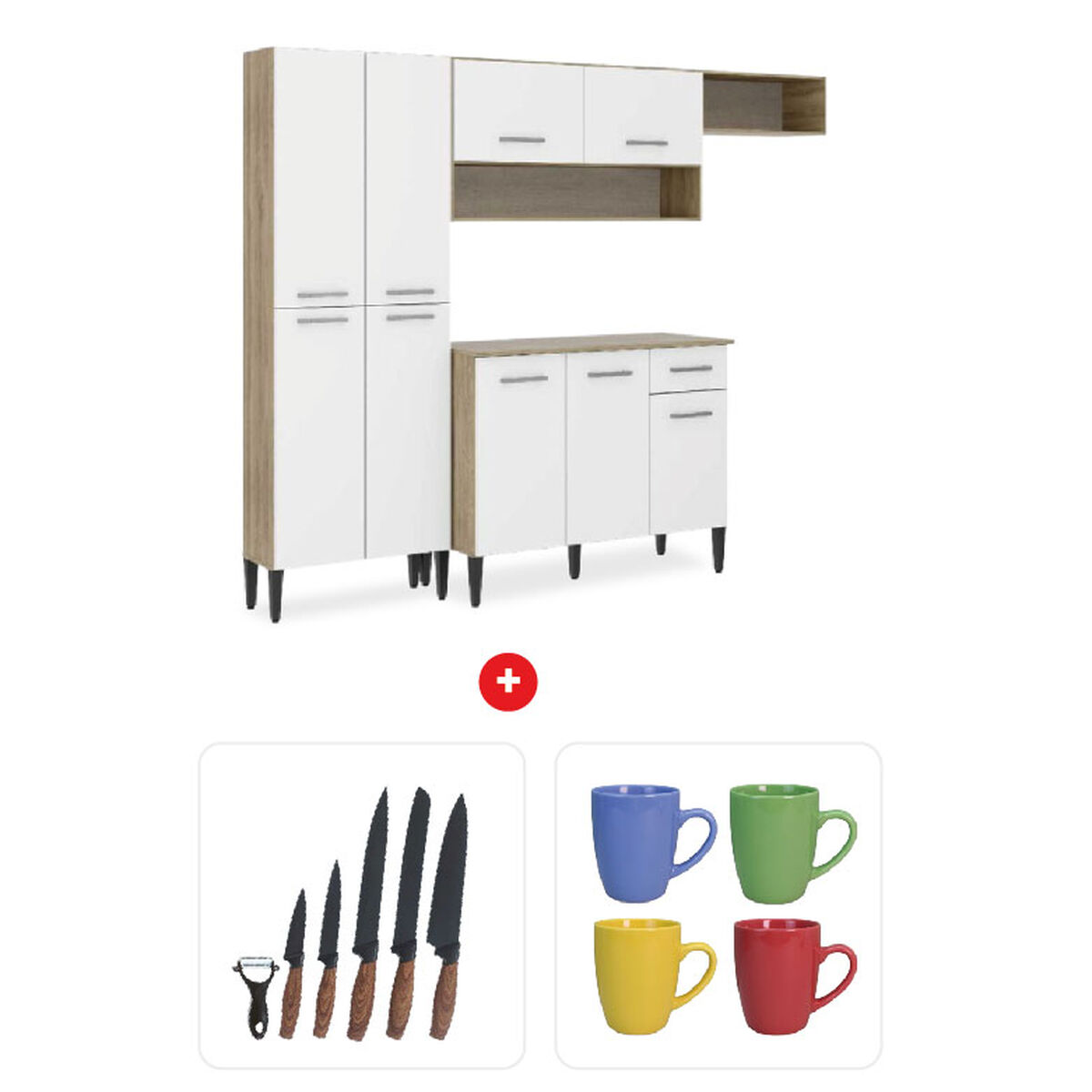 Combo Mueble de Cocina Roca Arizona 1 Cajón 9 Puertas Blanco + Set 5 Cuchillos + Pelador Zibel LK-NK73 Negro + Set 4 Mugs Casanova MG-0518 Colores