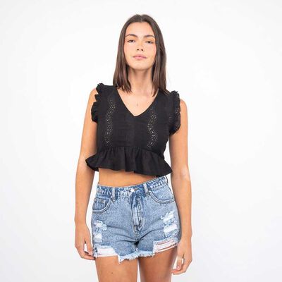 Polera Crop Sin Mangas Mujer Icono Negro