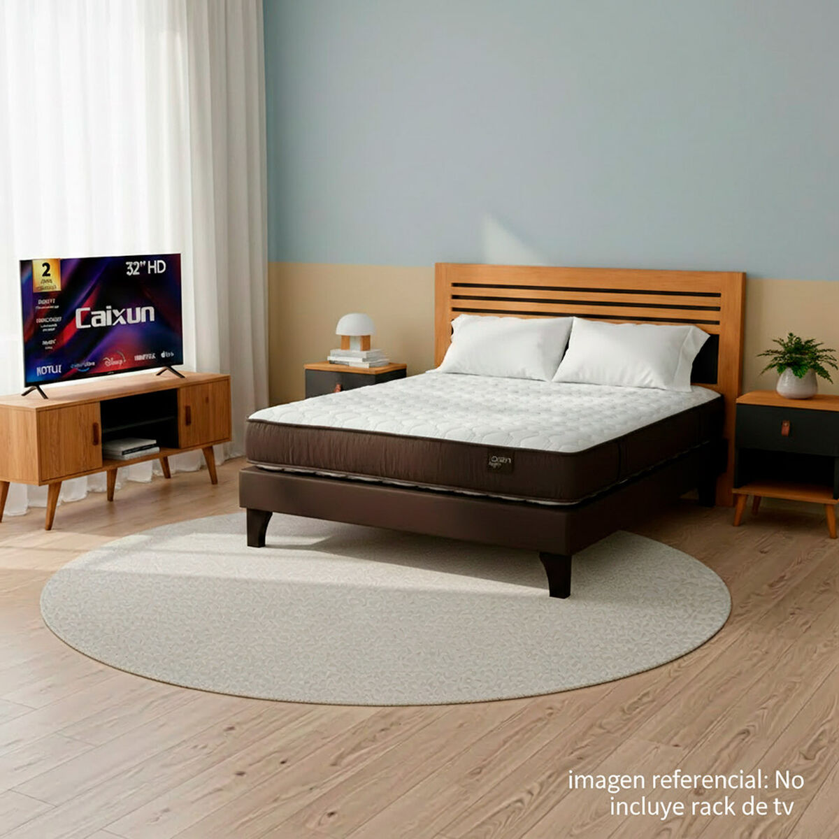 Combo Cama Europea Rosen 2 Plazas + Respaldo + Veladores + Pack Almohadas + Smart TV LED 32" Caixun HD