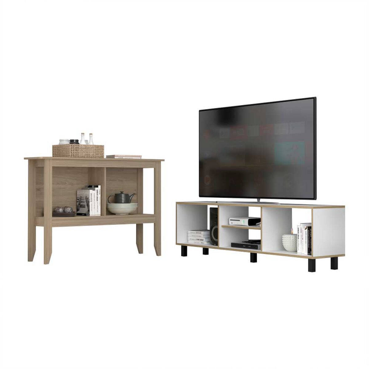 Combo Rack TV65 + Mesa de Arrimo TuHome Nomik Blanco Rovere