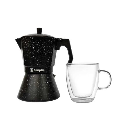 Pack Cafetera Italiana + Taza Doble Pared 350 ml Simplit Negro