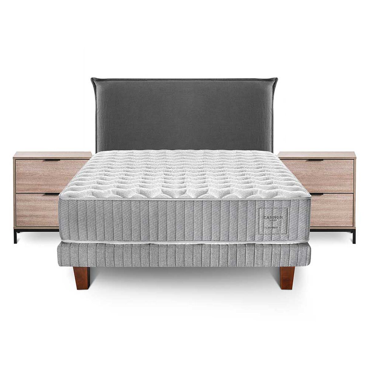 Cama Europea Cannon 2 Plazas Hybrid Cotton + Respaldo Lino Gris + Velador Volga