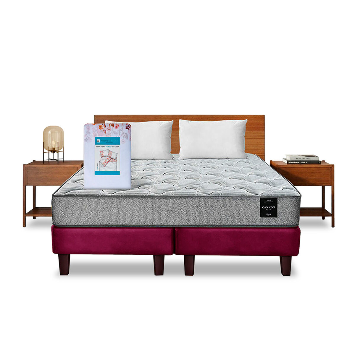 Combo Cama Europea Latam Home 2 Plazas Cannon BD Tela Burdeo + Textil + Respaldo + 2 Velador Orion