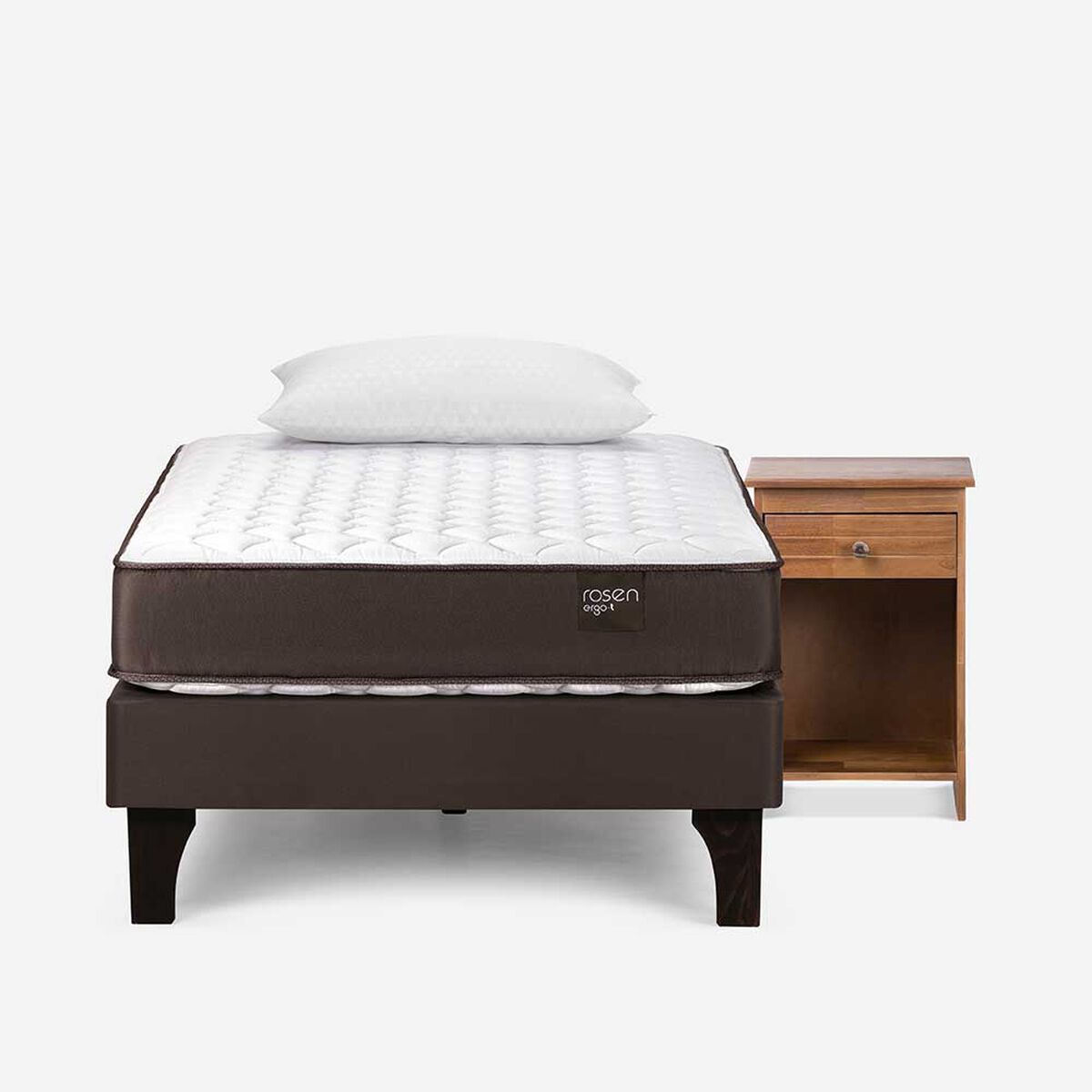 Cama Europea Rosen 1,5 Plazas Ergo T + Velador Tabor Caramelo + Almohada Light Americana