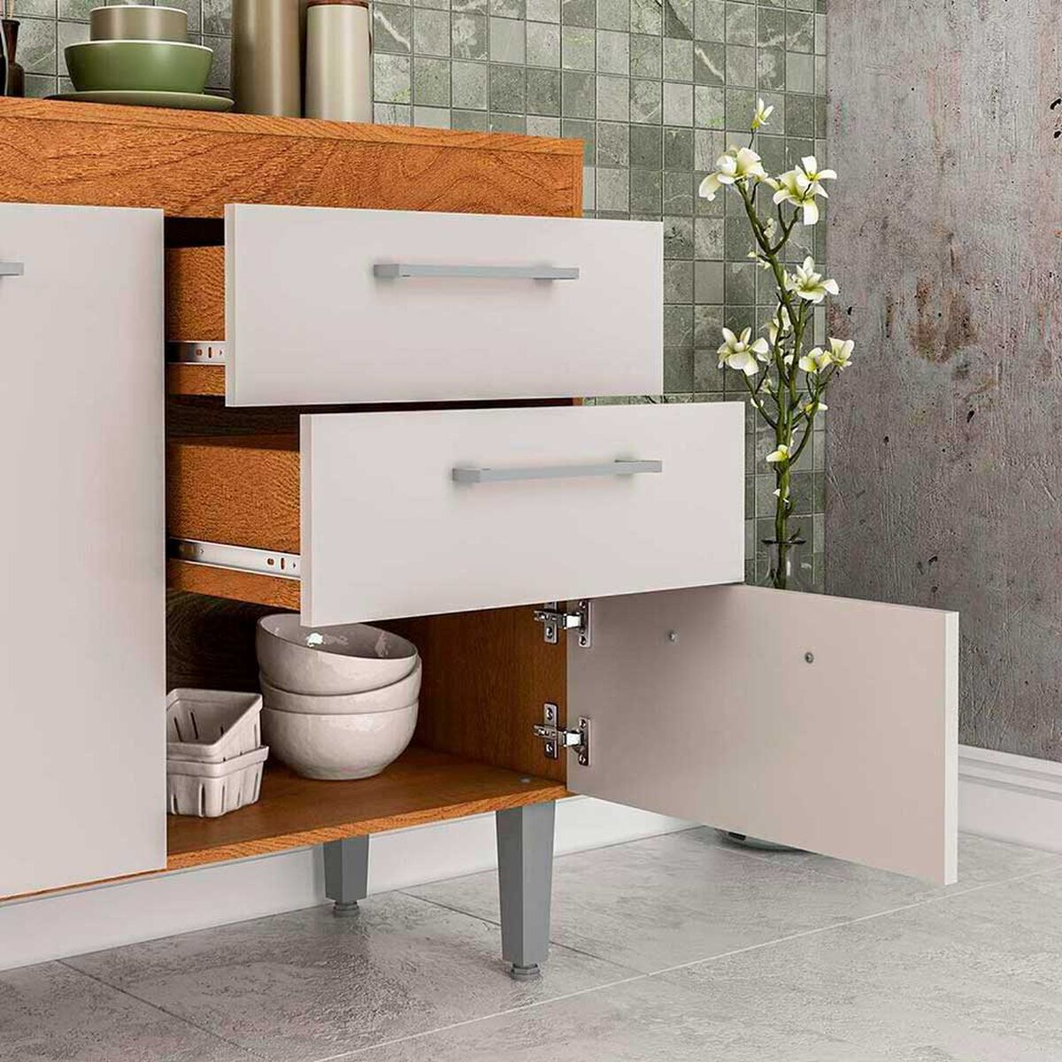 Mueble de Cocina Base Vekkahome Opie 2 Cajones 3 Puertas Blanco