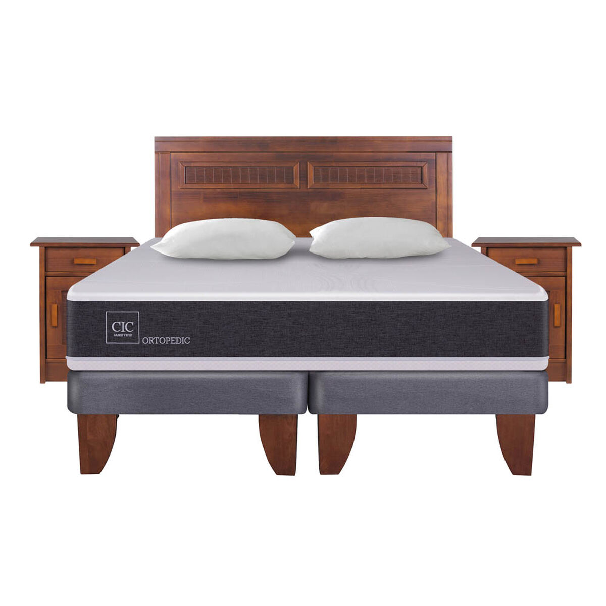 Cama Europea CIC Base Dividida 2 Plazas Ortopedic + Respaldo + 2 Veladores Milan + 2 Almohadas