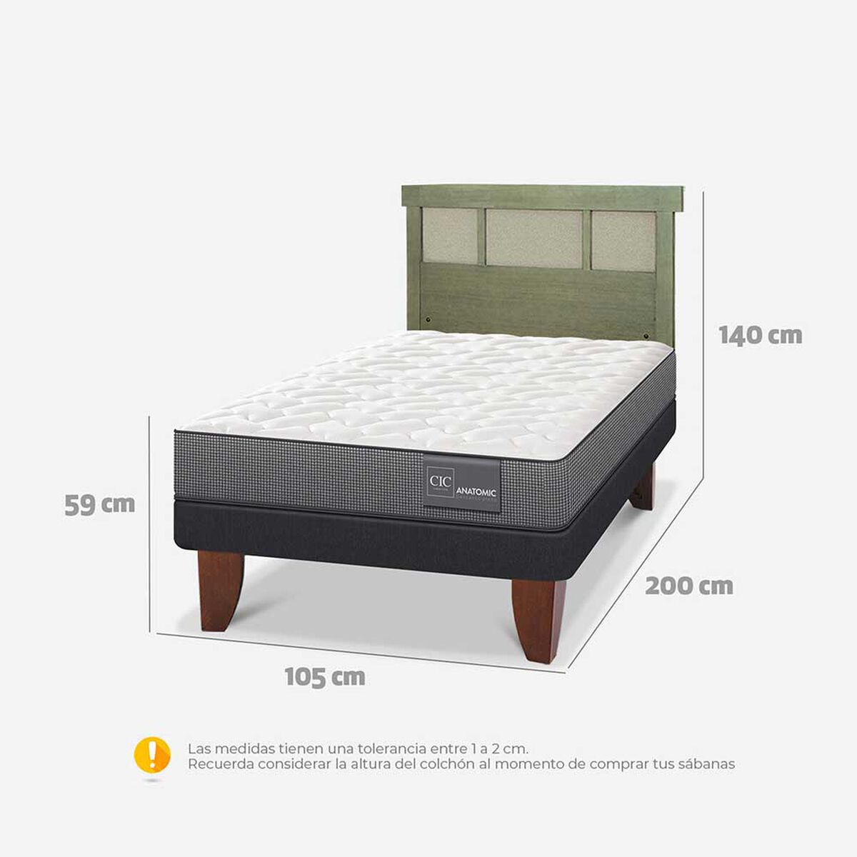 Cama Europea CIC 1,5 Plazas Anatomic + Respaldo Dublin Olivo