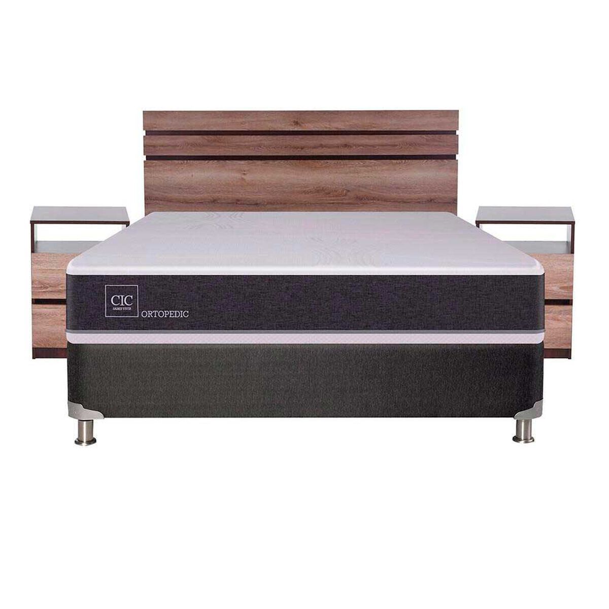 Box Spring CIC 2 Plazas Ortopedic + Respaldo + 2 Veladores