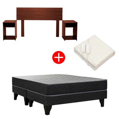 Combo Celta Cama Europea 2 Plazas New Atlantis Base Dividida 190 x 150 cm + Respaldo + 2 Veladores Casanova 2 Plazas Nogal + Calientacamas Kioto CY2 2 Plazas