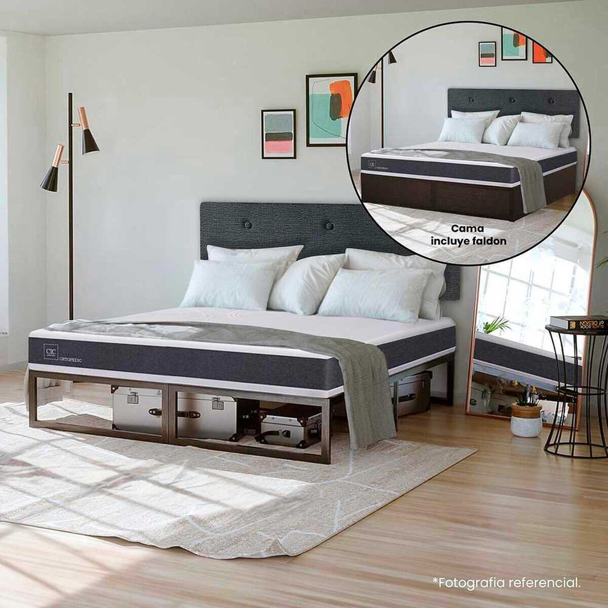 Cama Europea CIC Iron Smart 2 Plazas Ortopedic + Respaldo Black Tapizado + Fald&oacute;n