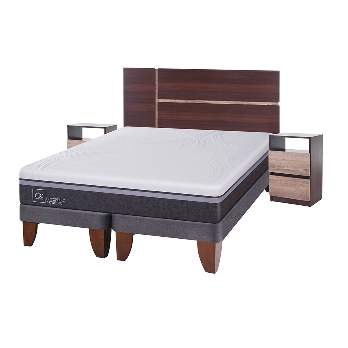 Cama Europea CIC Base Dividida King Ortopedic Advance + Respaldo + 2 Veladores