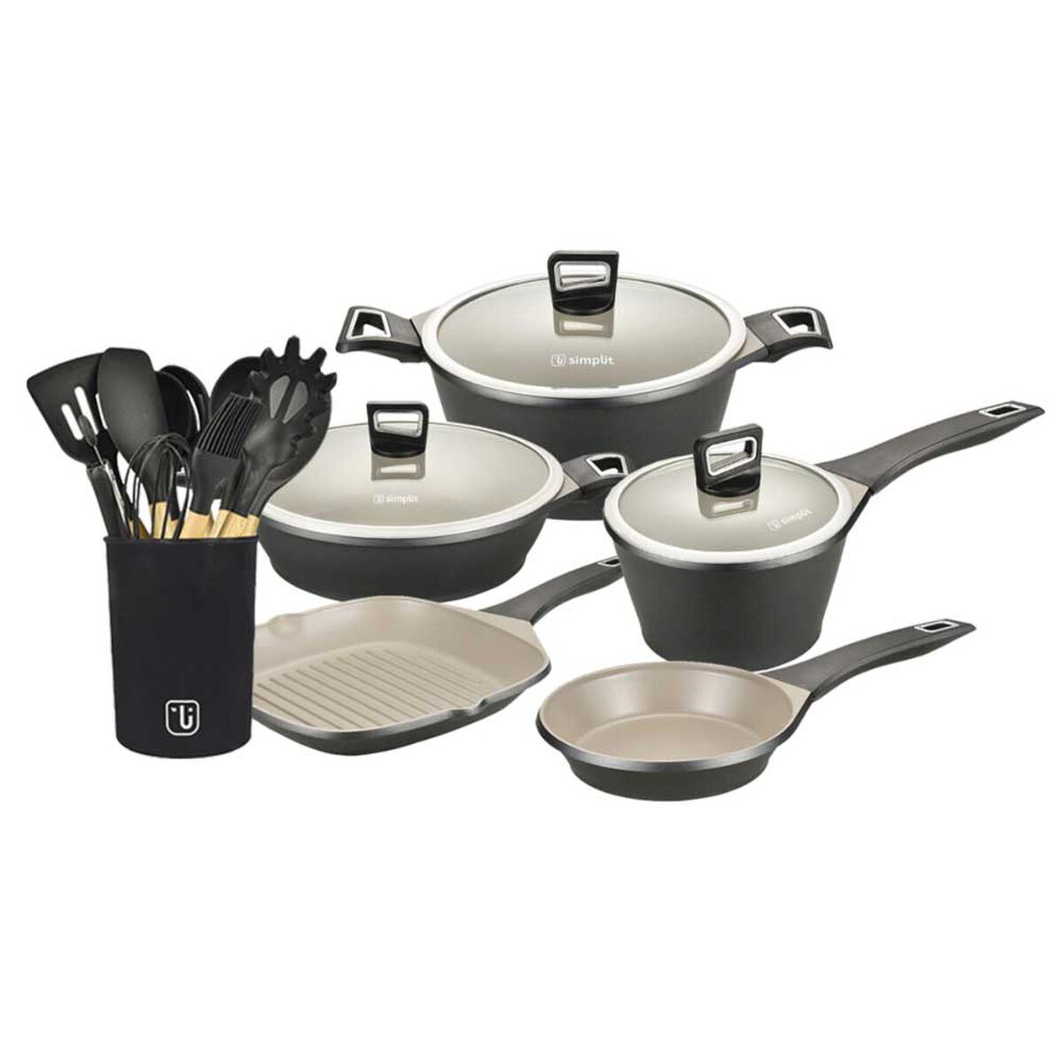 Batería de Cocina Simplit Acero Inoxidable 8 Piezas Negro + Set 12 Utensilios Negro