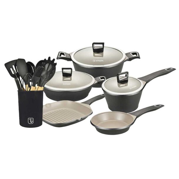 Batería de Cocina Simplit Acero Inoxidable 8 Piezas Negro + Set 12 Utensilios Negro