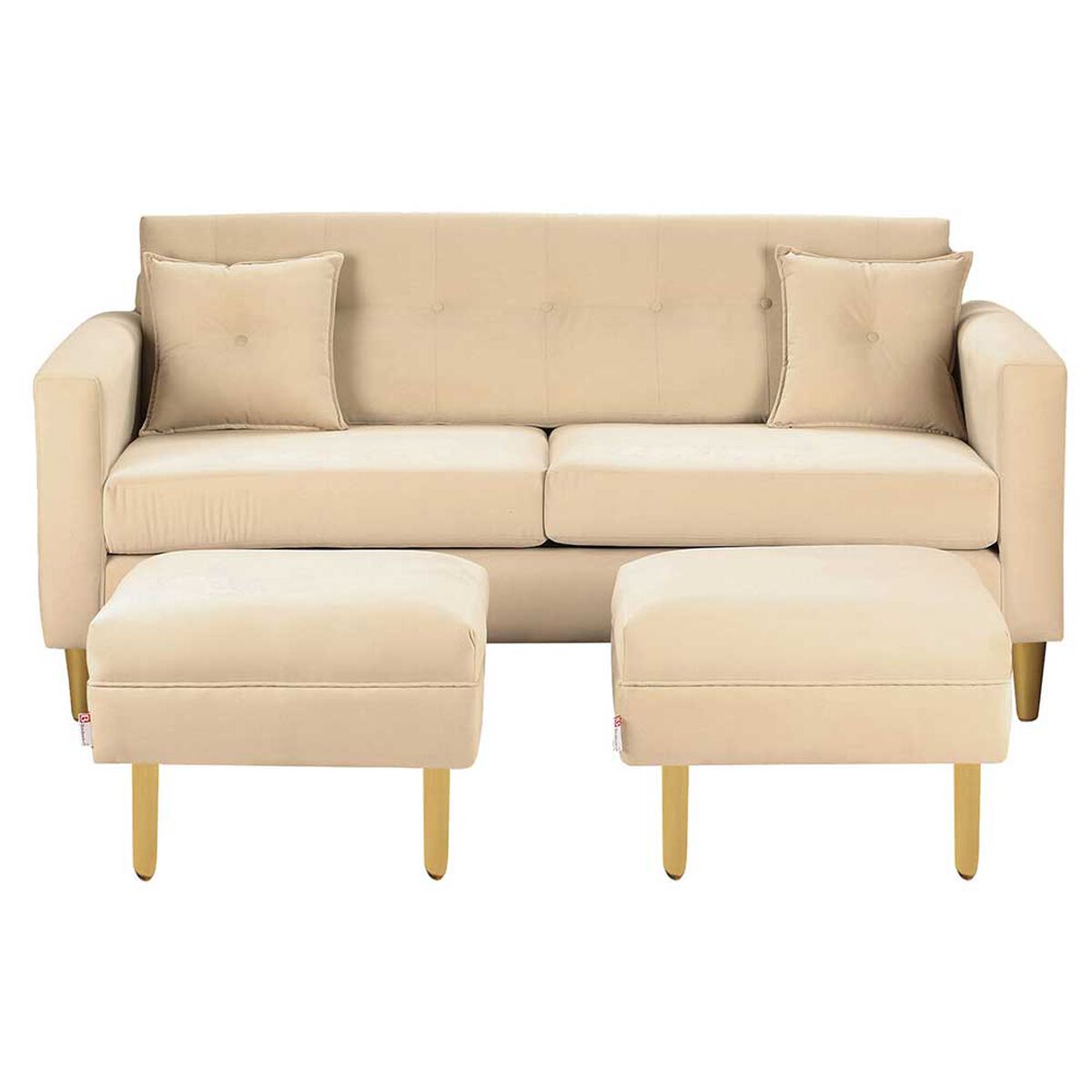 Juego de Living Bodevir New Retro Felpa 01 Sofá 3 Cuerpos + Dos Pouf 1 Cuerpo Beige 