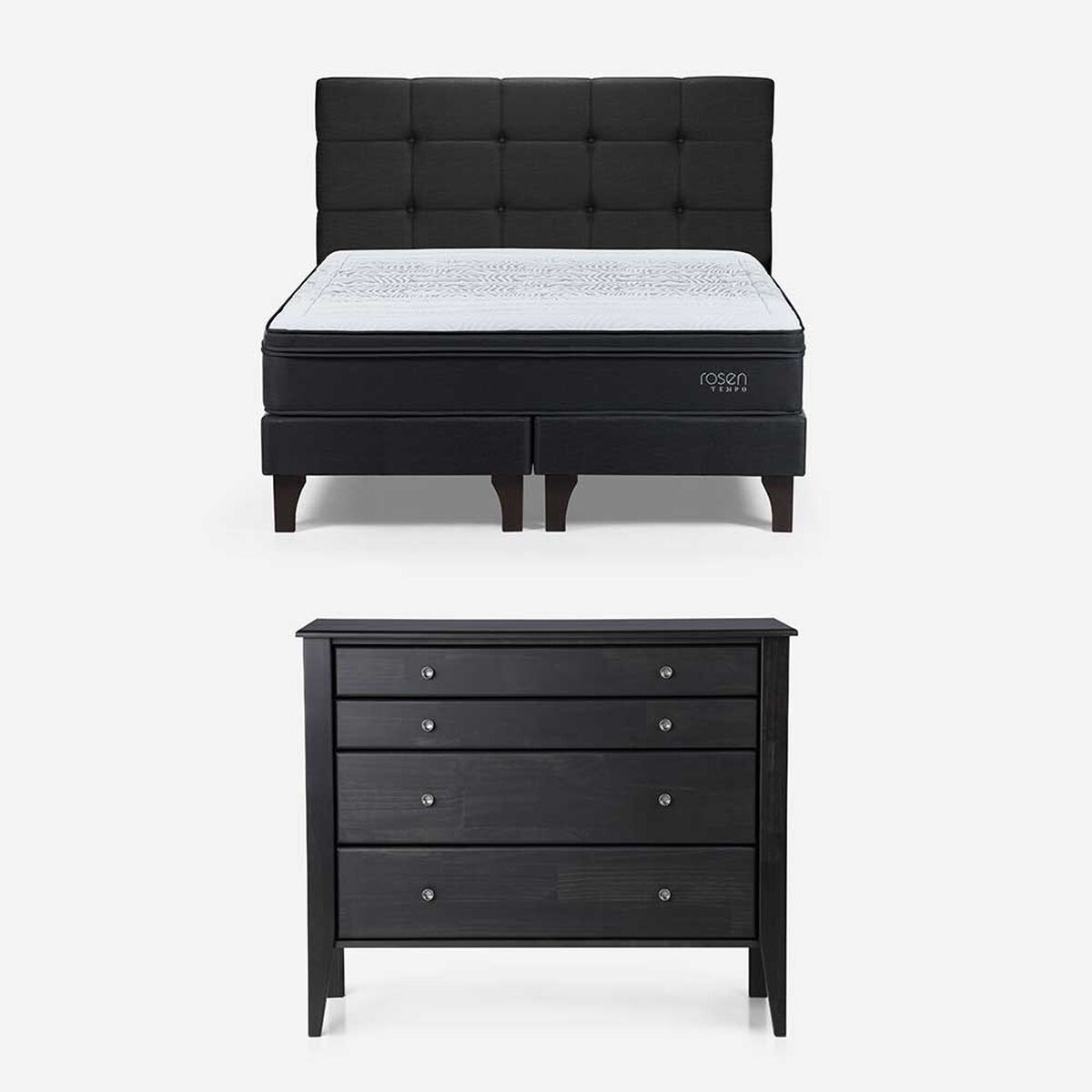 Cama Europea Rosen Base Dividida 2 Plazas Tempo + Respaldo Issey Grafito + C&oacute;moda Baker Grafito