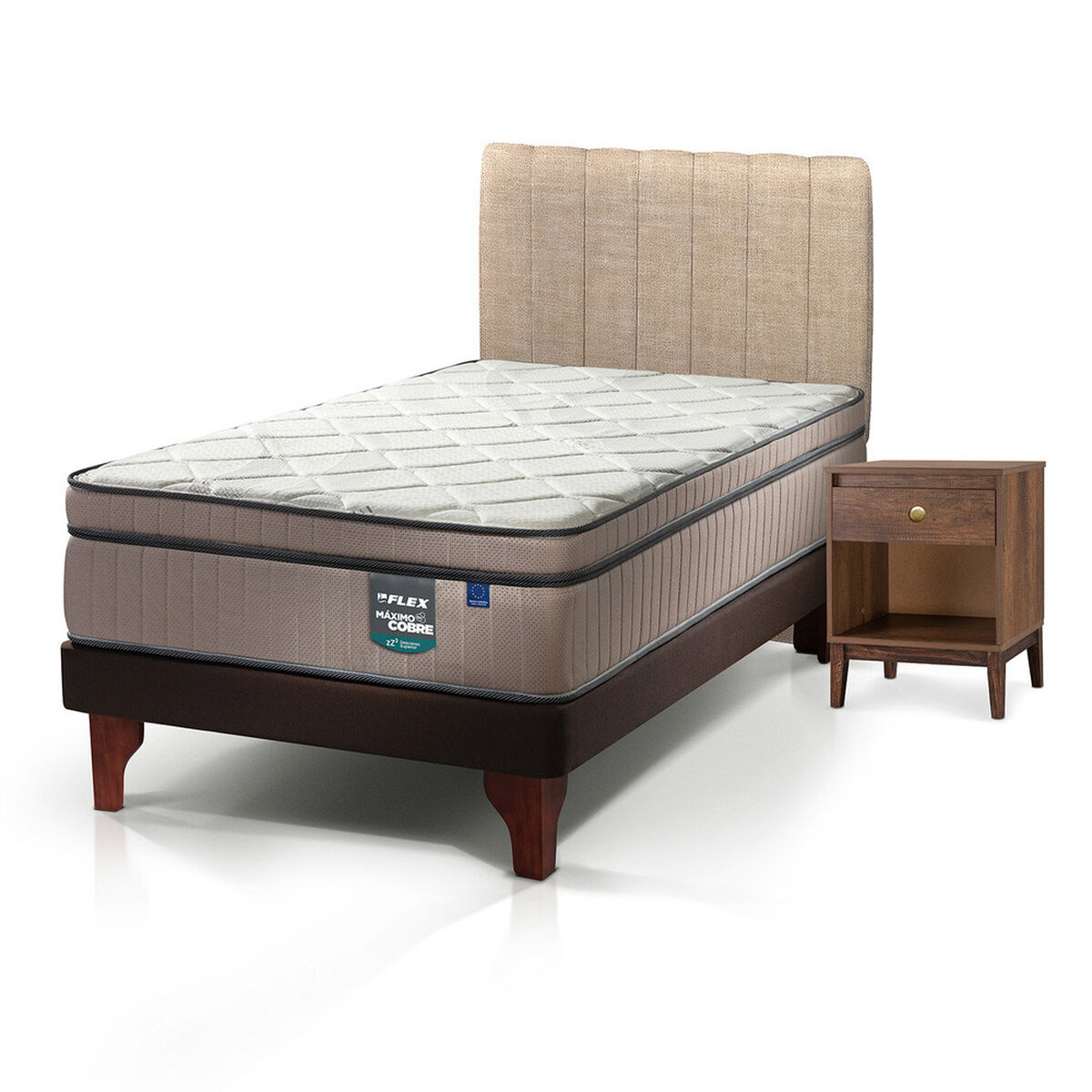 Cama Europea Flex 1,5 Plazas M&aacute;ximo Cobre  + Respaldo Tubular Beige + Velador Atenas