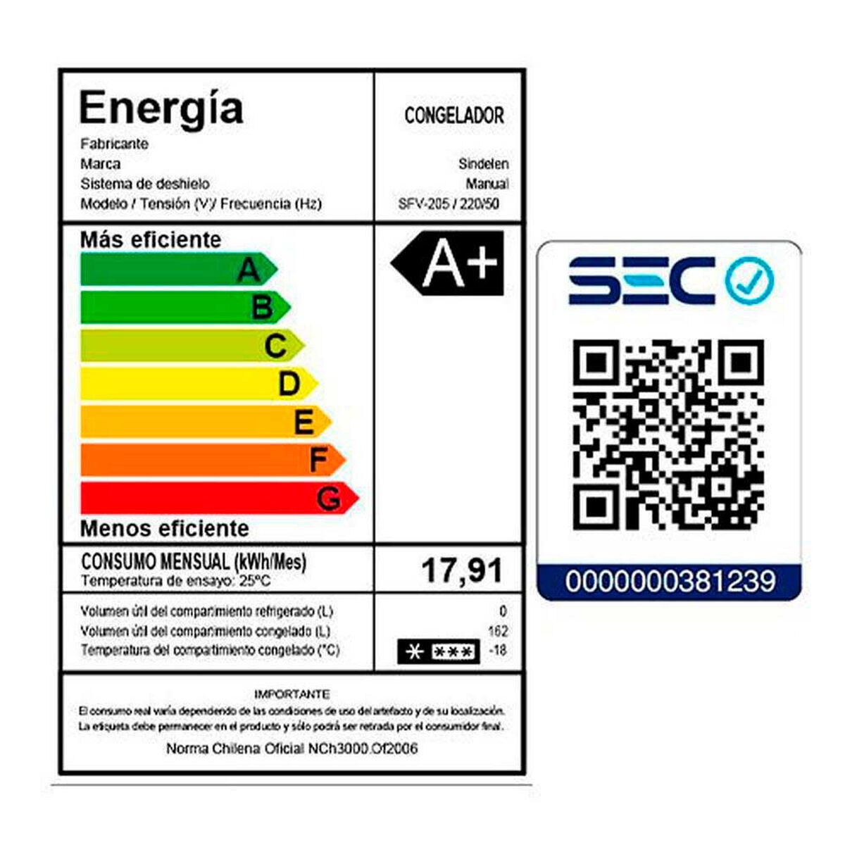Freezer Vertical Sindelen SFV-205 162 lts.